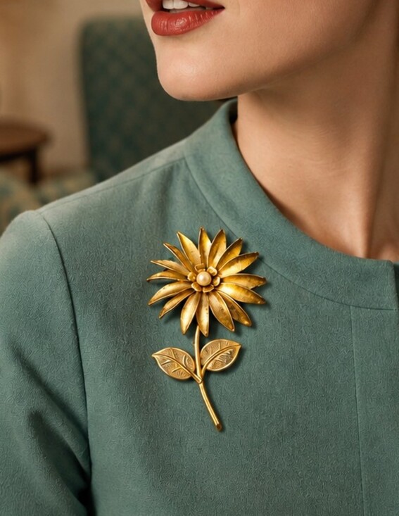 Jewelry - Vintage Mid-Century Gold Tone Floral Brooch | Faux Pearl Center | Circa 1960s